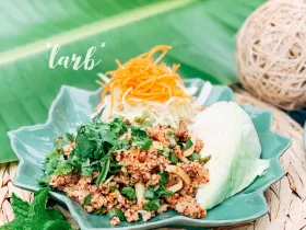 Thai larb minced meat salad tossed with lemongrass, herbs and spicy lime dressing