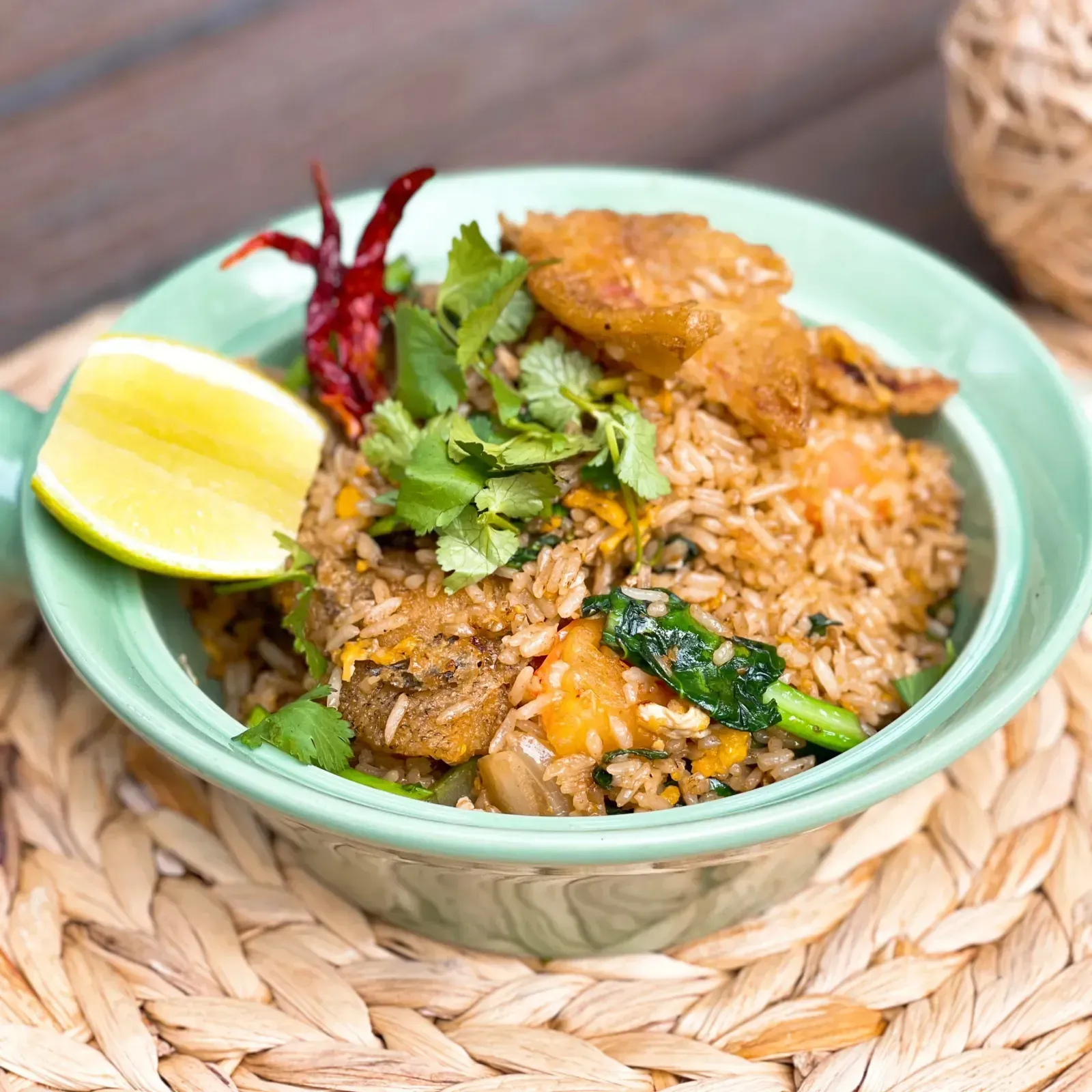 Salid fish fried rice with crispy fish, Chinese broccoli, egg and dried chili