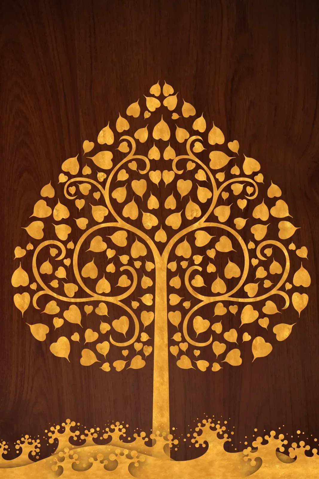 Gold bodhi tree mural with heart-shaped leaves carved into a dark wood panel at Thai House Redlands